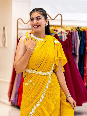 Yellow Georgette Ruffle Saree with Beads Embroidered Blouse and Waist Belt - Diadem