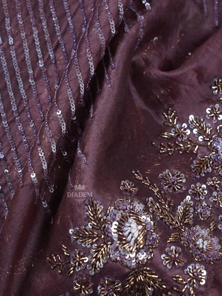 Dark Brown Organza Silk Saree Embellished in Floral Embroidery Border - Diadem