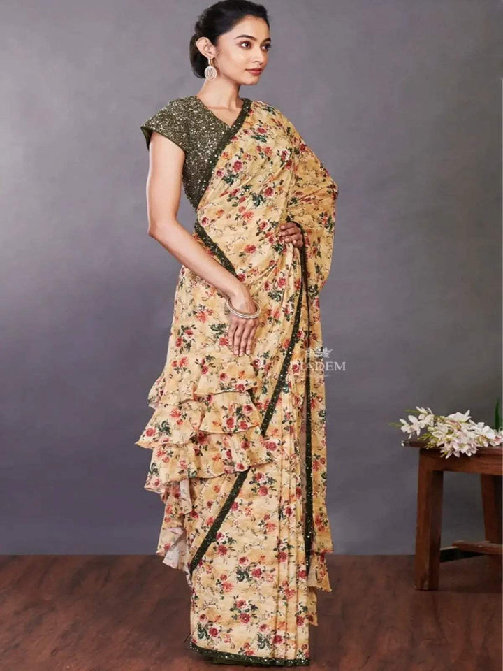 Royal Yellow Georgette Saree with floral prints on the body and Sequins design Border - Diadem