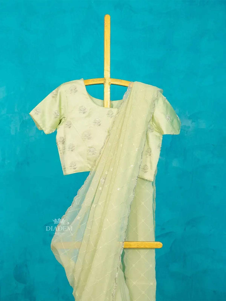 Pista Green Organza Silk Saree Embellished with Beads Border along with Designer Blouse - Diadem