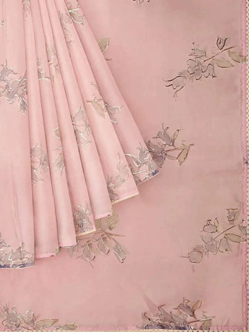 Light Pink Organza Silk Saree with Floral Prints on the body and Thread work Border - Diadem