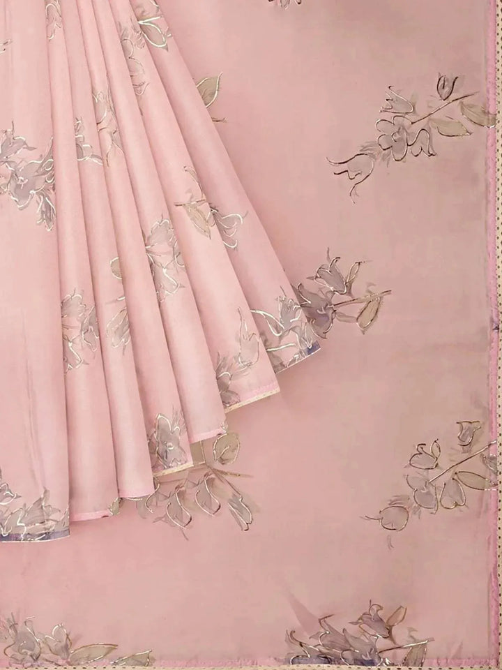 Light Pink Organza Silk Saree with Floral Prints on the body and Thread work Border - Diadem