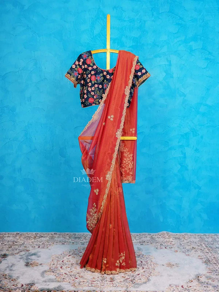 Red Pink Tissue Organza Saree Embellished with Beads Border and Embroidery Blouse - Diadem