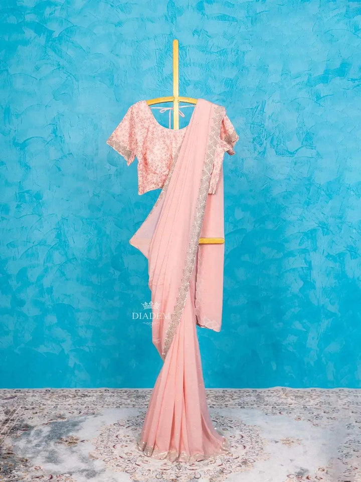 Light Pink Chiffon Georgette Saree Embellished with Beads Border and Designer Blouse - Diadem