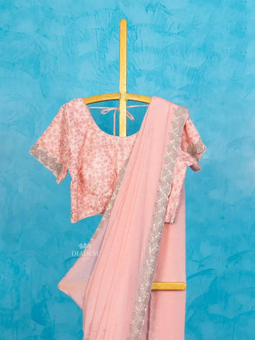 Light Pink Chiffon Georgette Saree Embellished with Beads Border and Designer Blouse - Diadem