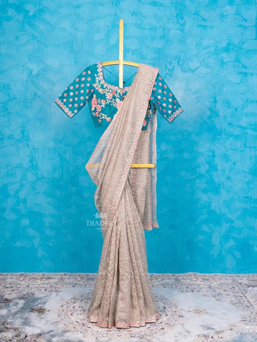 Tan Tissue Silk Saree with Embroidery Border along with Designer Blouse - Diadem