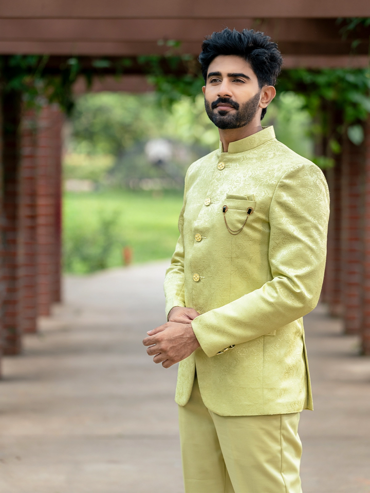 Pale Green Floral Designed Jodhpuri Men's Suit - Diadem