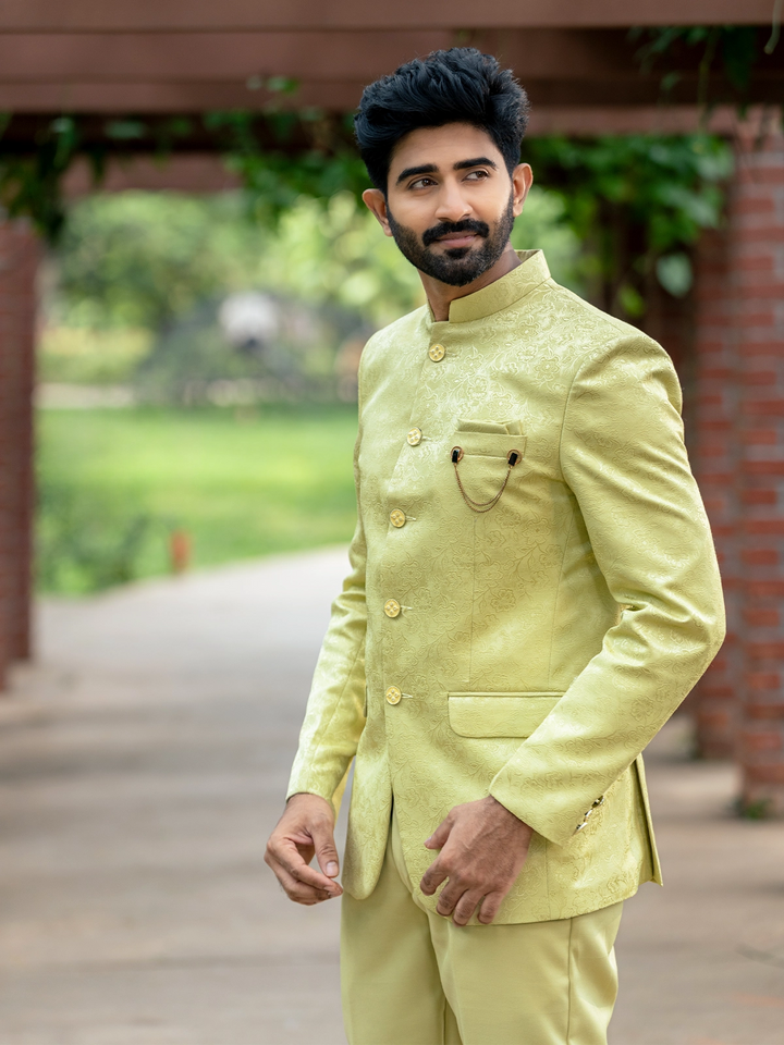 Pale Green Floral Designed Jodhpuri Men's Suit - Diadem
