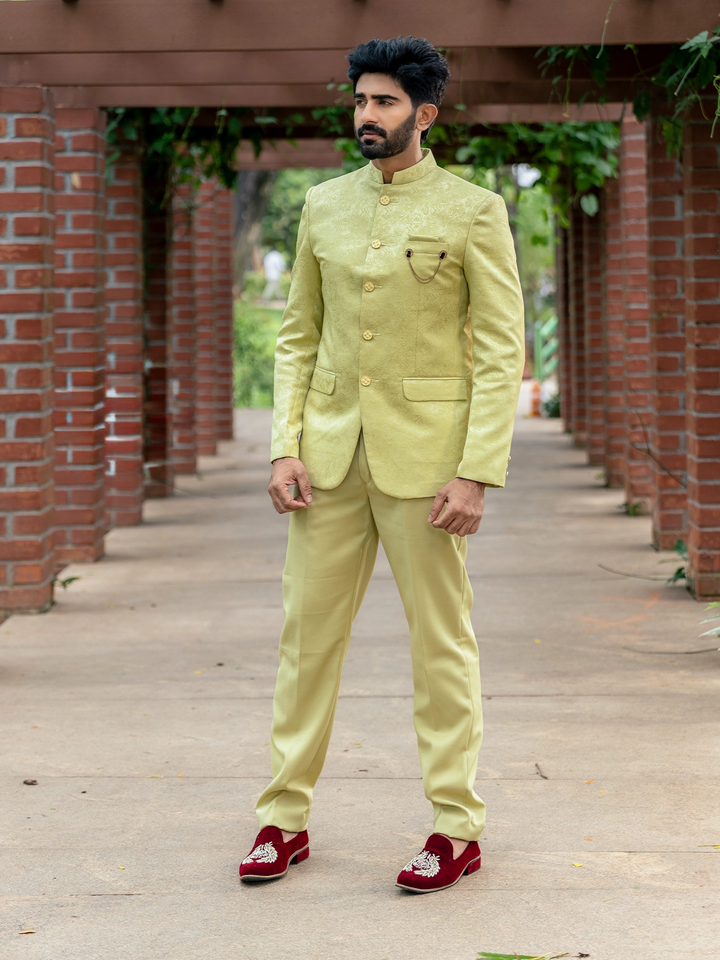 Pale Green Floral Designed Jodhpuri Men's Suit - Diadem