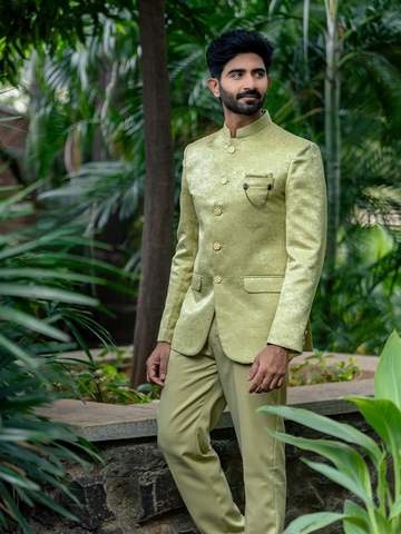 Pale Green Floral Designed Jodhpuri Men's Suit - Diadem