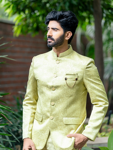 Pale Green Floral Designed Jodhpuri Men's Suit - Diadem