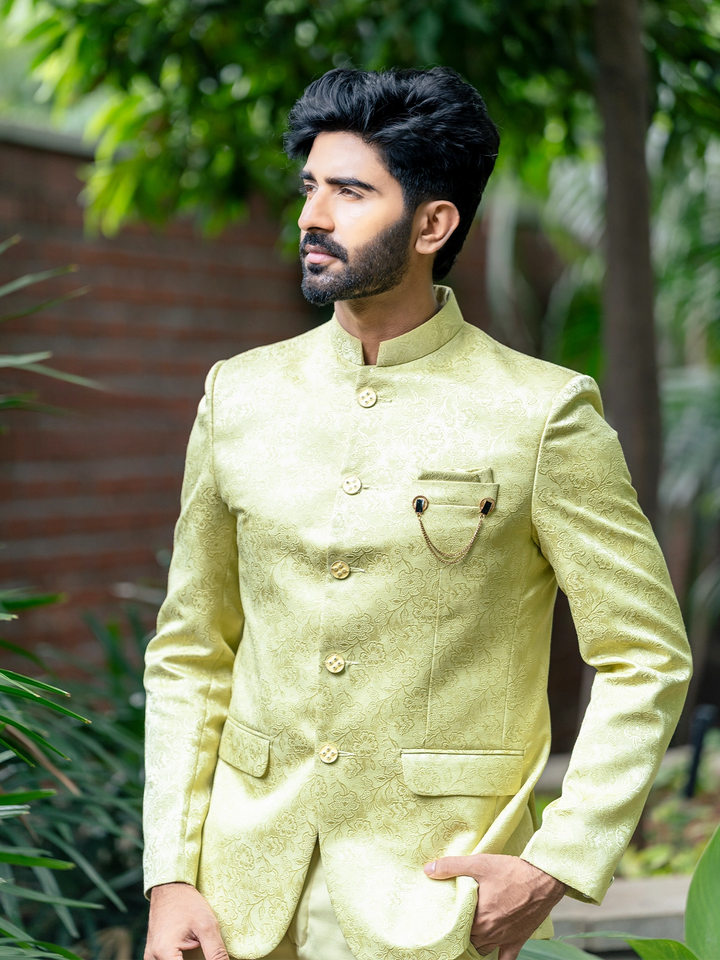 Pale Green Floral Designed Jodhpuri Men's Suit - Diadem