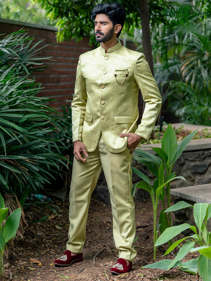 Pale Green Floral Designed Jodhpuri Men's Suit - Diadem