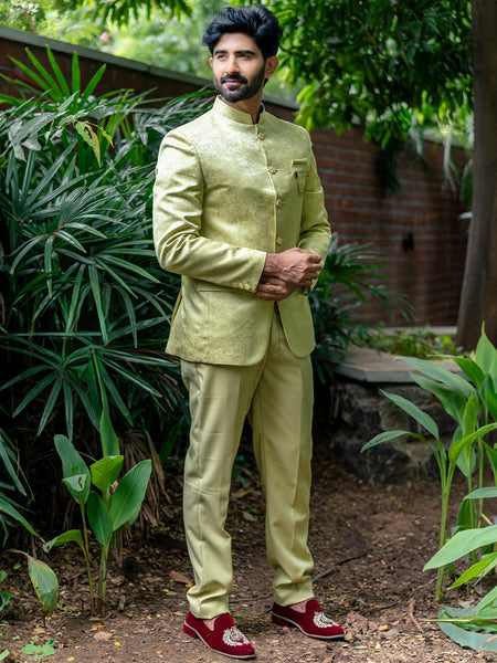 Pale Green Floral Designed Jodhpuri Men's Suit - Diadem