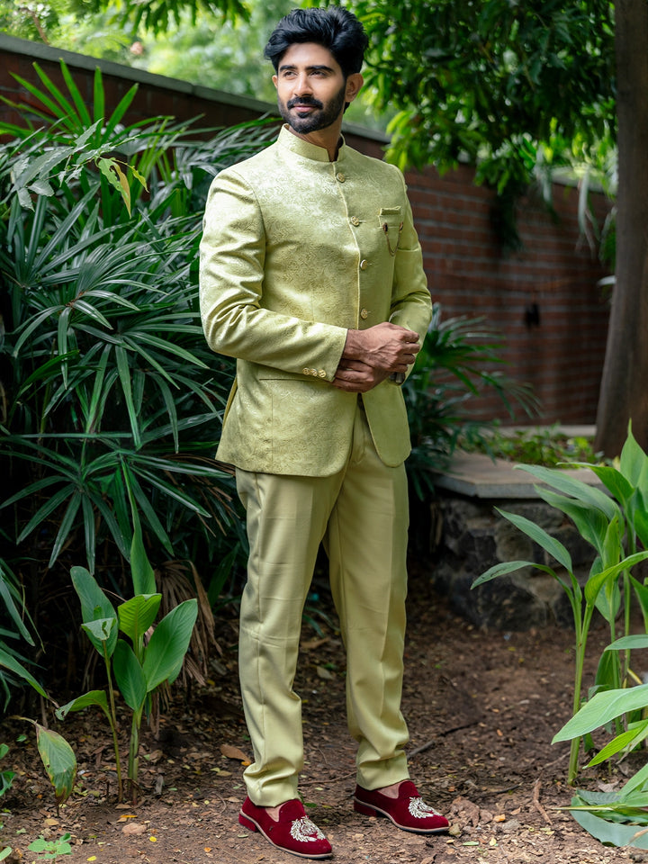 Pale Green Floral Designed Jodhpuri Men's Suit - Diadem