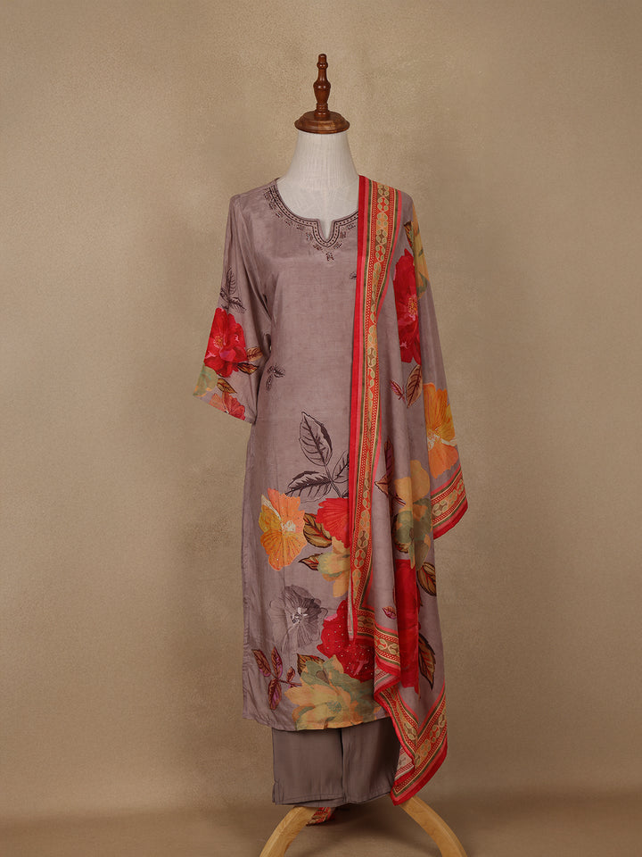 Pale Pink Floral Designed Rayon Salwar Suit - Diadem