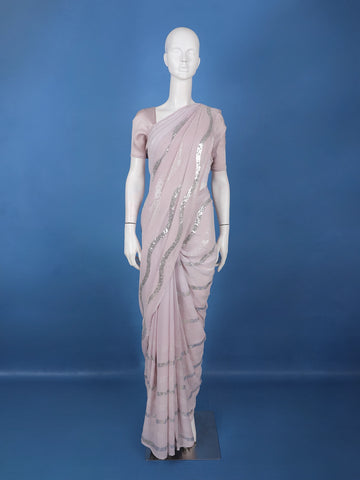 Pale Pink Sequins Embroidered Georgette Saree - Diadem