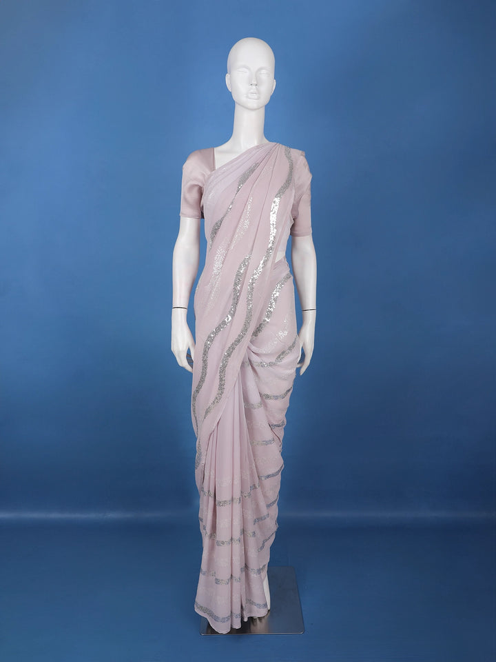 Pale Pink Sequins Embroidered Georgette Saree - Diadem