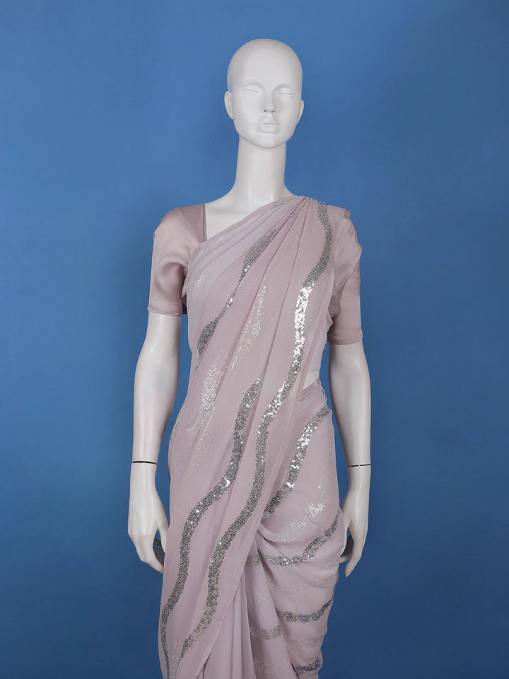 Pale Pink Sequins Embroidered Georgette Saree - Diadem