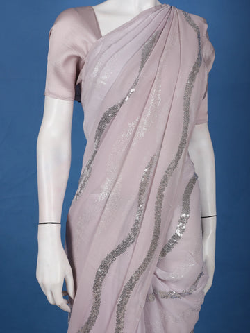 Pale Pink Sequins Embroidered Georgette Saree - Diadem