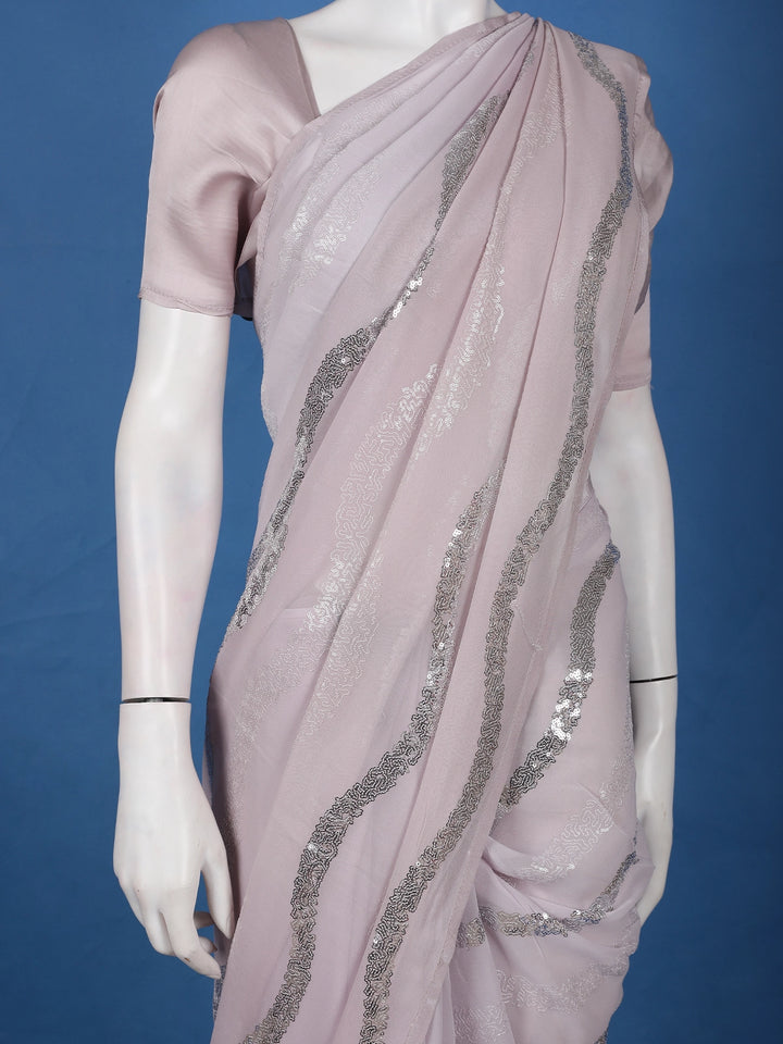 Pale Pink Sequins Embroidered Georgette Saree - Diadem