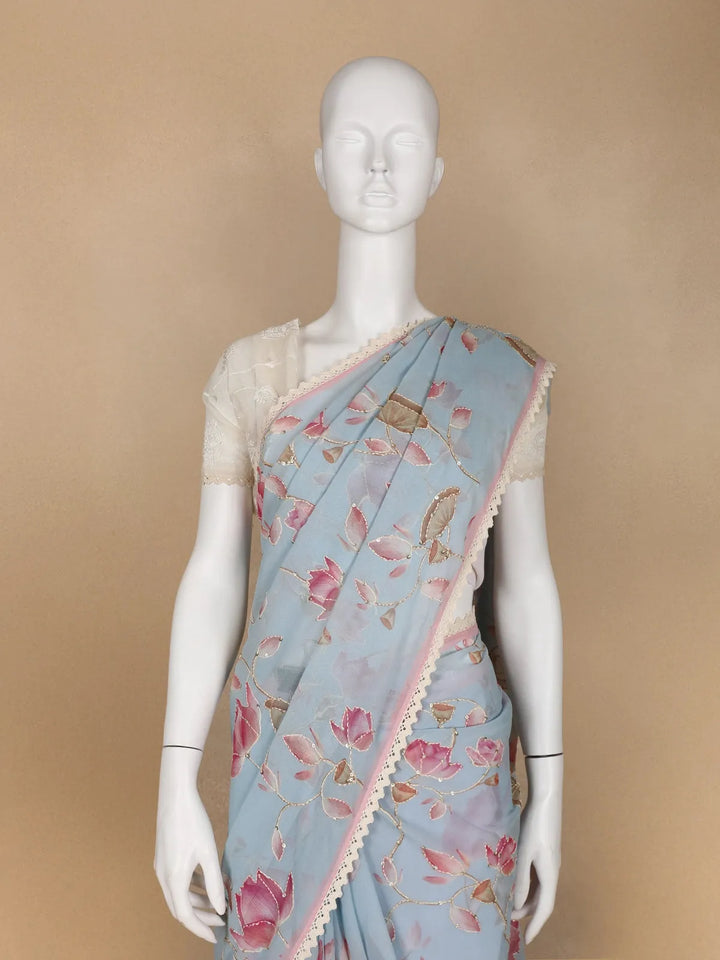 Pale Blue Floral Designed Georgette Fancy Saree - Diadem