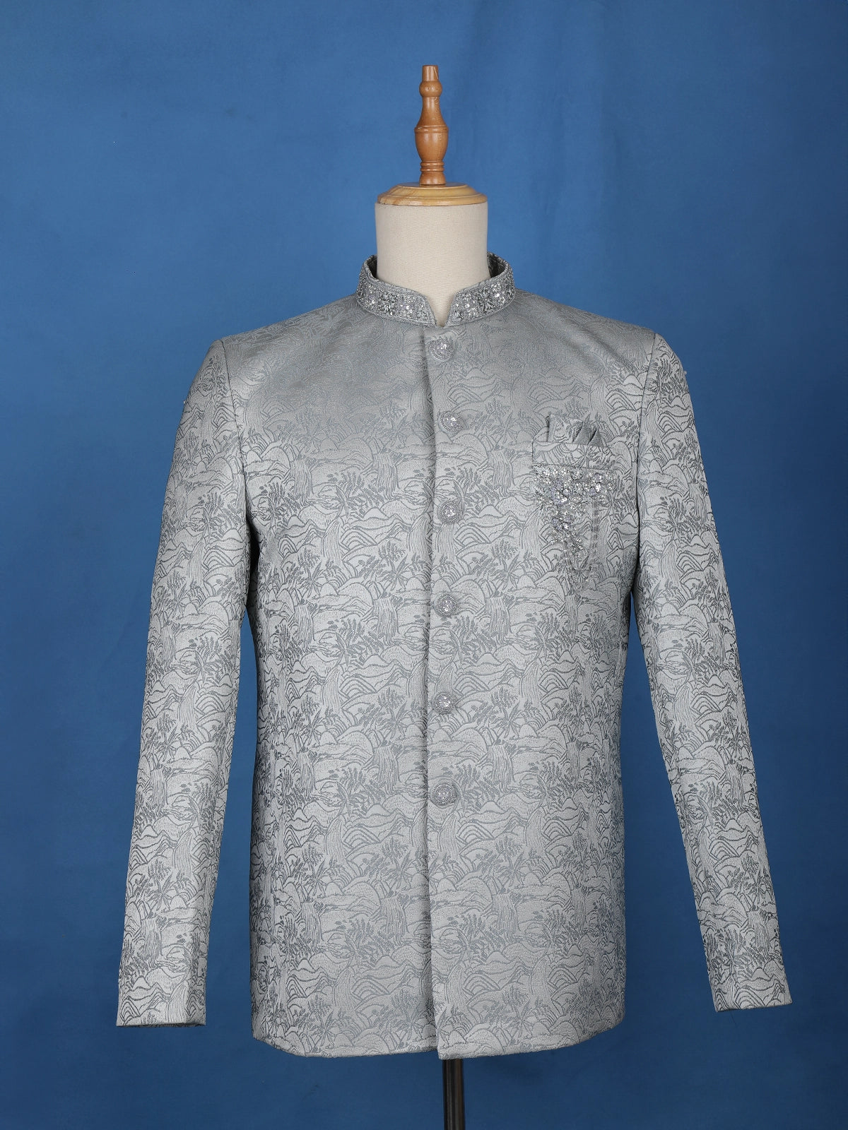 Pale Blue Floral Designed Jodhpuri Men's Suit - Diadem