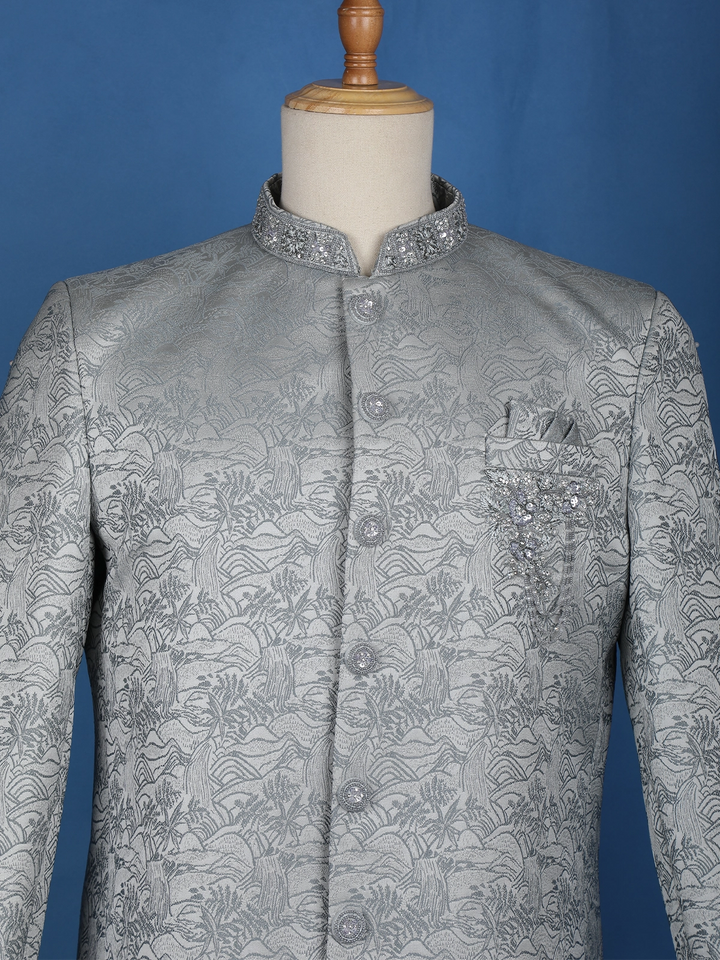 Pale Blue Floral Designed Jodhpuri Men's Suit - Diadem