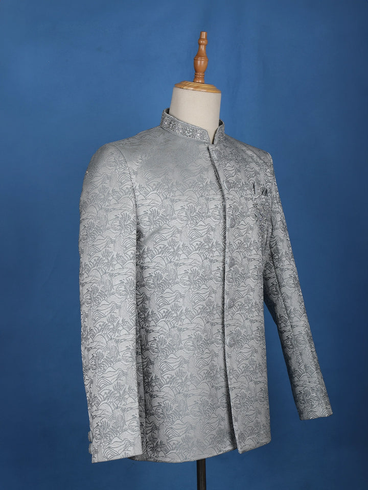 Pale Blue Floral Designed Jodhpuri Men's Suit - Diadem