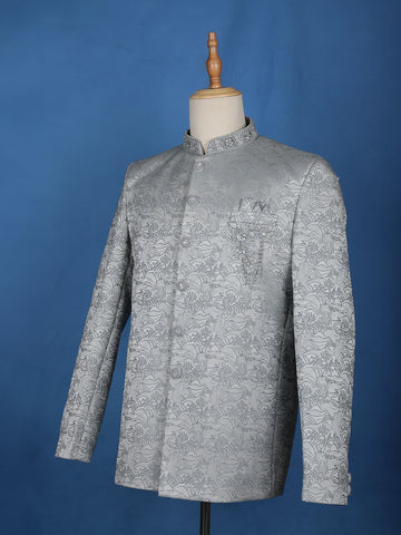 Pale Blue Floral Designed Jodhpuri Men's Suit - Diadem
