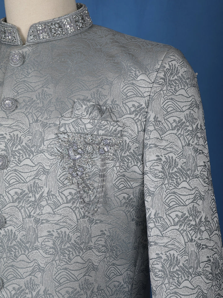 Pale Blue Floral Designed Jodhpuri Men's Suit - Diadem