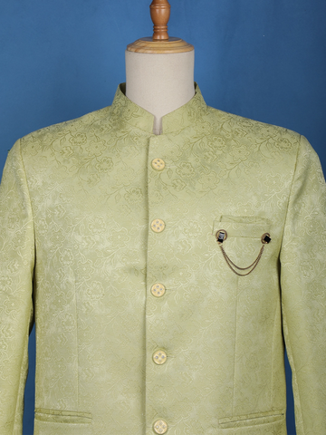 Pale Green Floral Designed Jodhpuri Men's Suit - Diadem