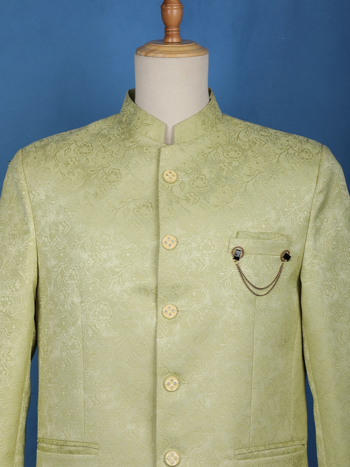 Pale Green Floral Designed Jodhpuri Men's Suit - Diadem