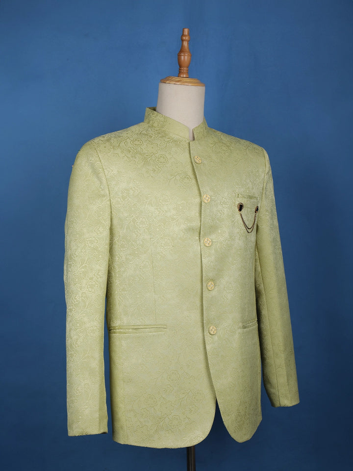 Pale Green Floral Designed Jodhpuri Men's Suit - Diadem