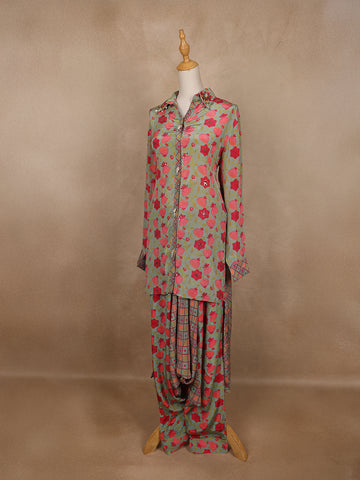 Pale Green Floral Designed Semi Silk Salwar Suit - Diadem