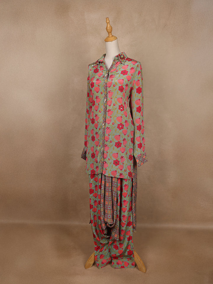 Pale Green Floral Designed Semi Silk Salwar Suit - Diadem