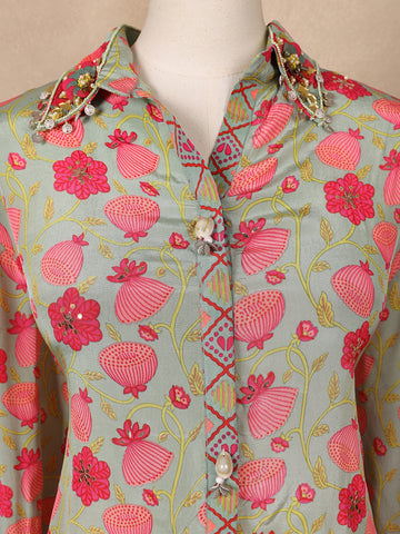 Pale Green Floral Designed Semi Silk Salwar Suit - Diadem