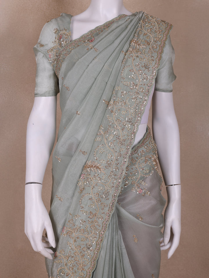 Pale Green Floral Designed Tissue Organza Saree - Diadem
