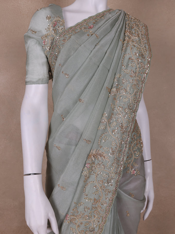 Pale Green Floral Designed Tissue Organza Saree - Diadem
