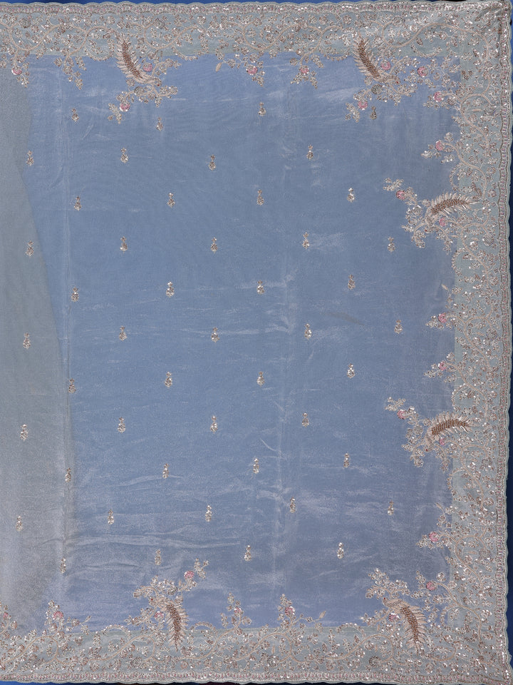 Pale Green Floral Designed Tissue Organza Saree - Diadem