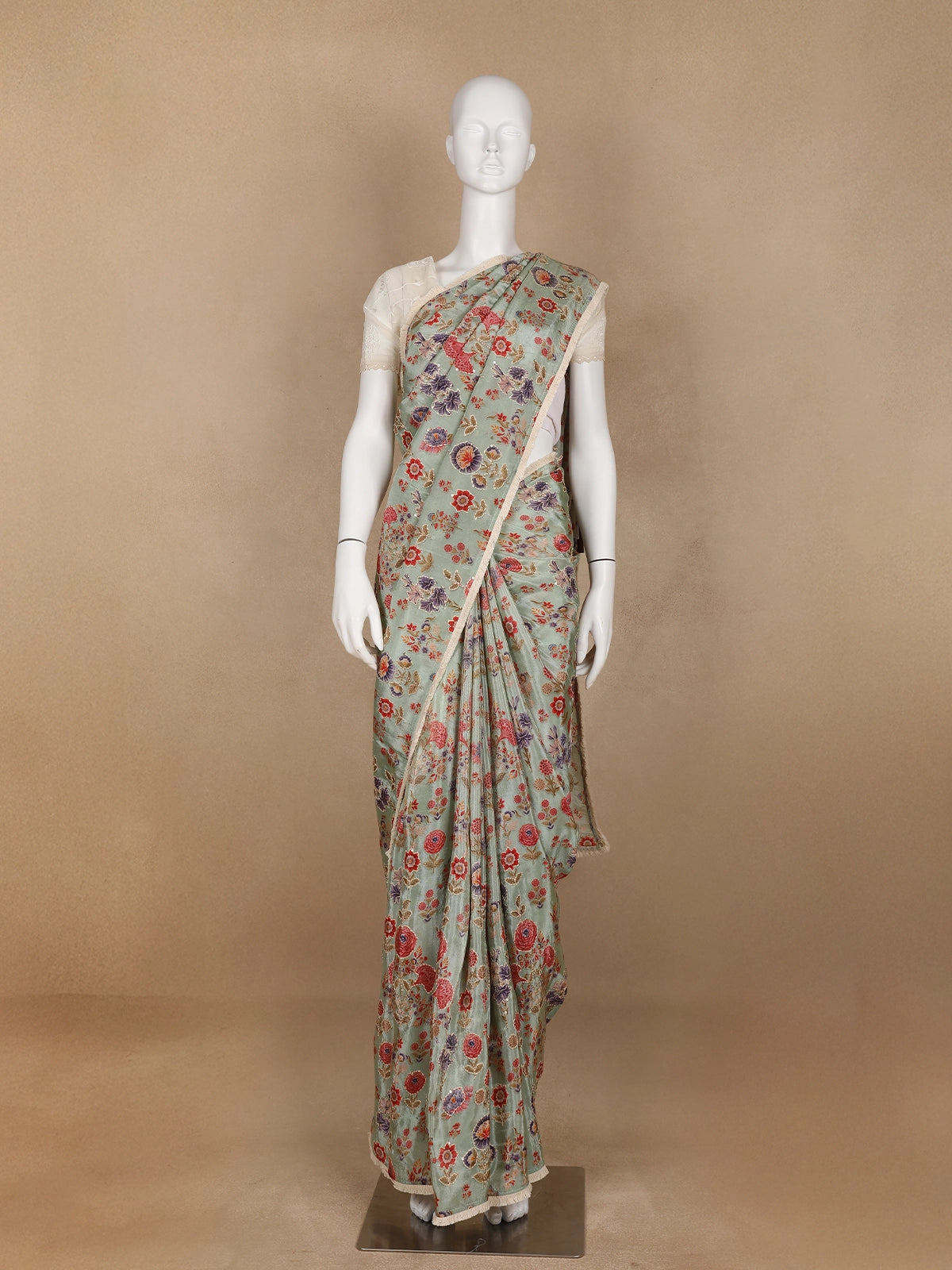 Pale Green Floral Designed Tissue Silk Fancy Saree