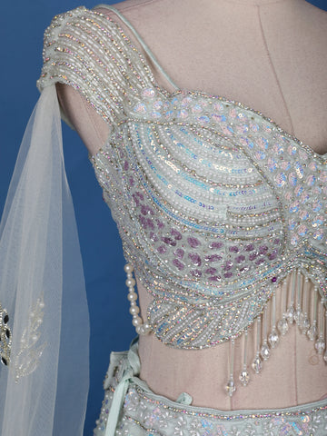 Pale Green Floral Embroidery Bridal Net Lehenga - Diadem