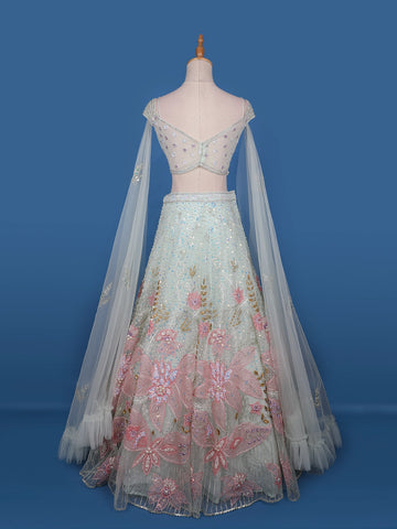 Pale Green Floral Embroidery Bridal Net Lehenga - Diadem