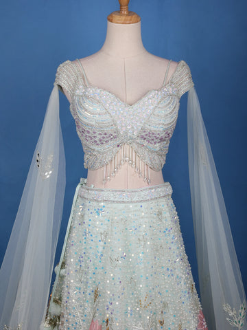 Pale Green Floral Embroidery Bridal Net Lehenga - Diadem