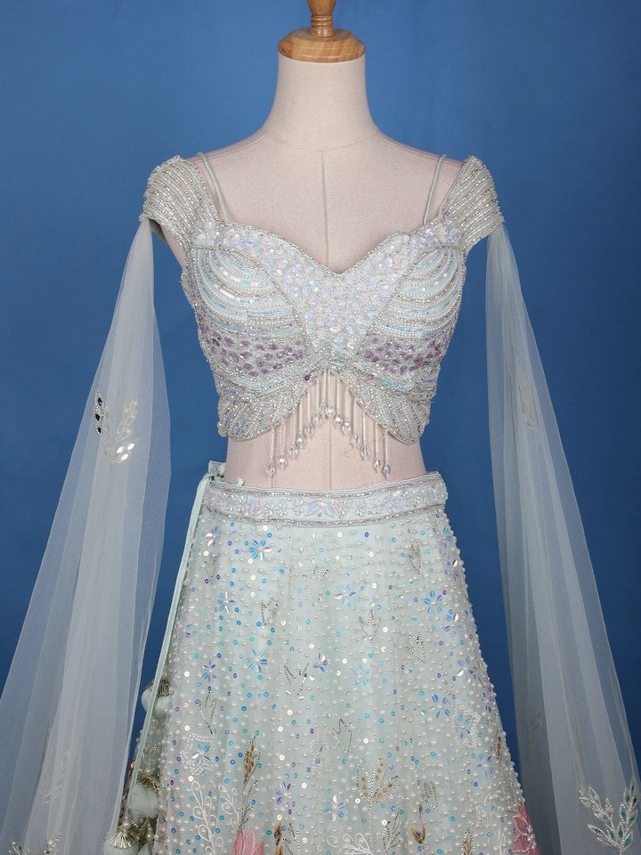 Pale Green Floral Embroidery Bridal Net Lehenga - Diadem