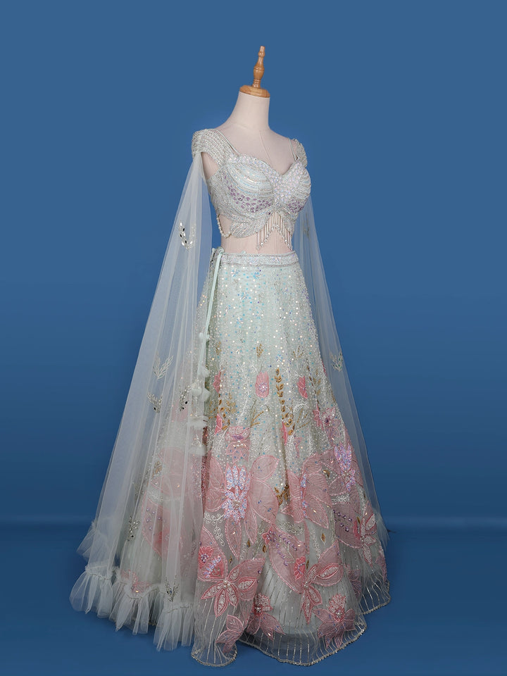 Pale Green Floral Embroidery Bridal Net Lehenga - Diadem