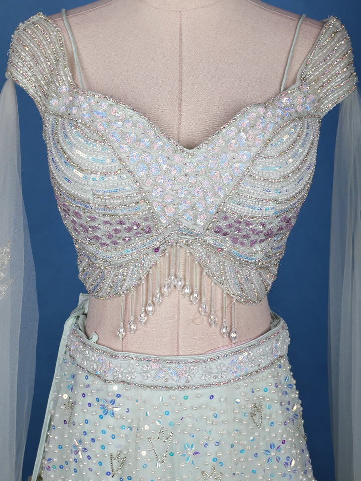 Pale Green Floral Embroidery Bridal Net Lehenga - Diadem