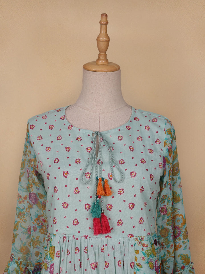 Pale Green Floral Printed Cotton Kurti Top - Diadem