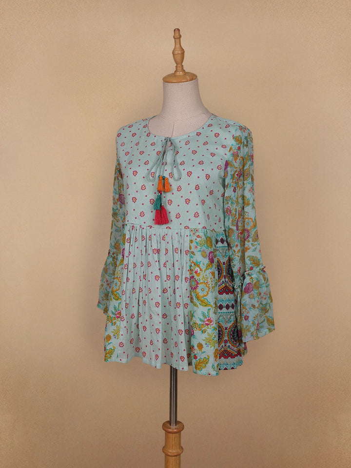 Pale Green Floral Printed Cotton Kurti Top - Diadem