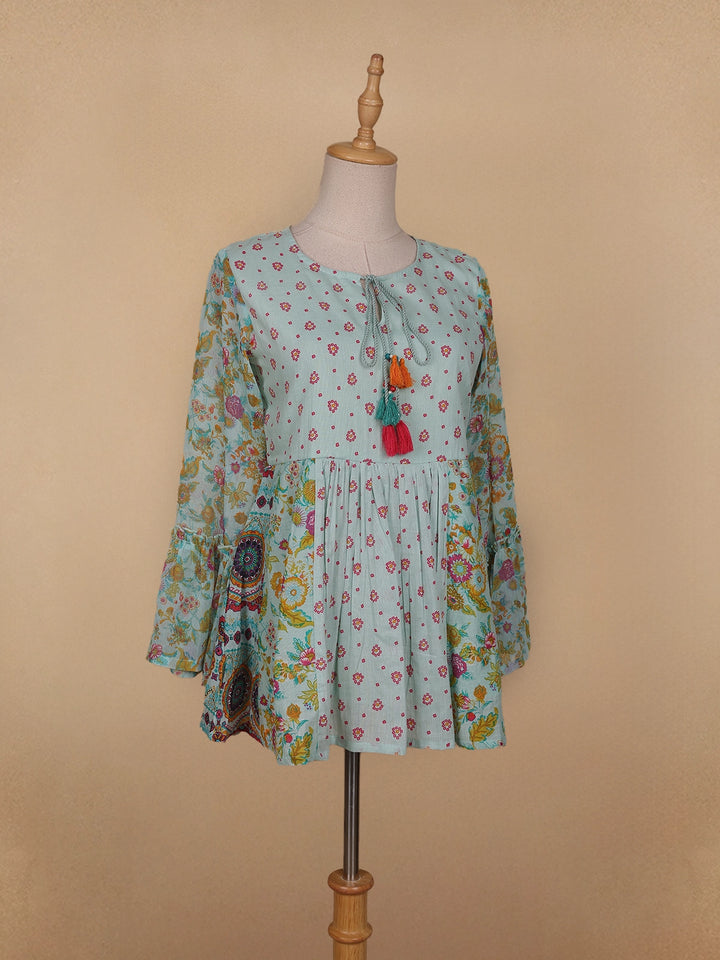Pale Green Floral Printed Cotton Kurti Top - Diadem